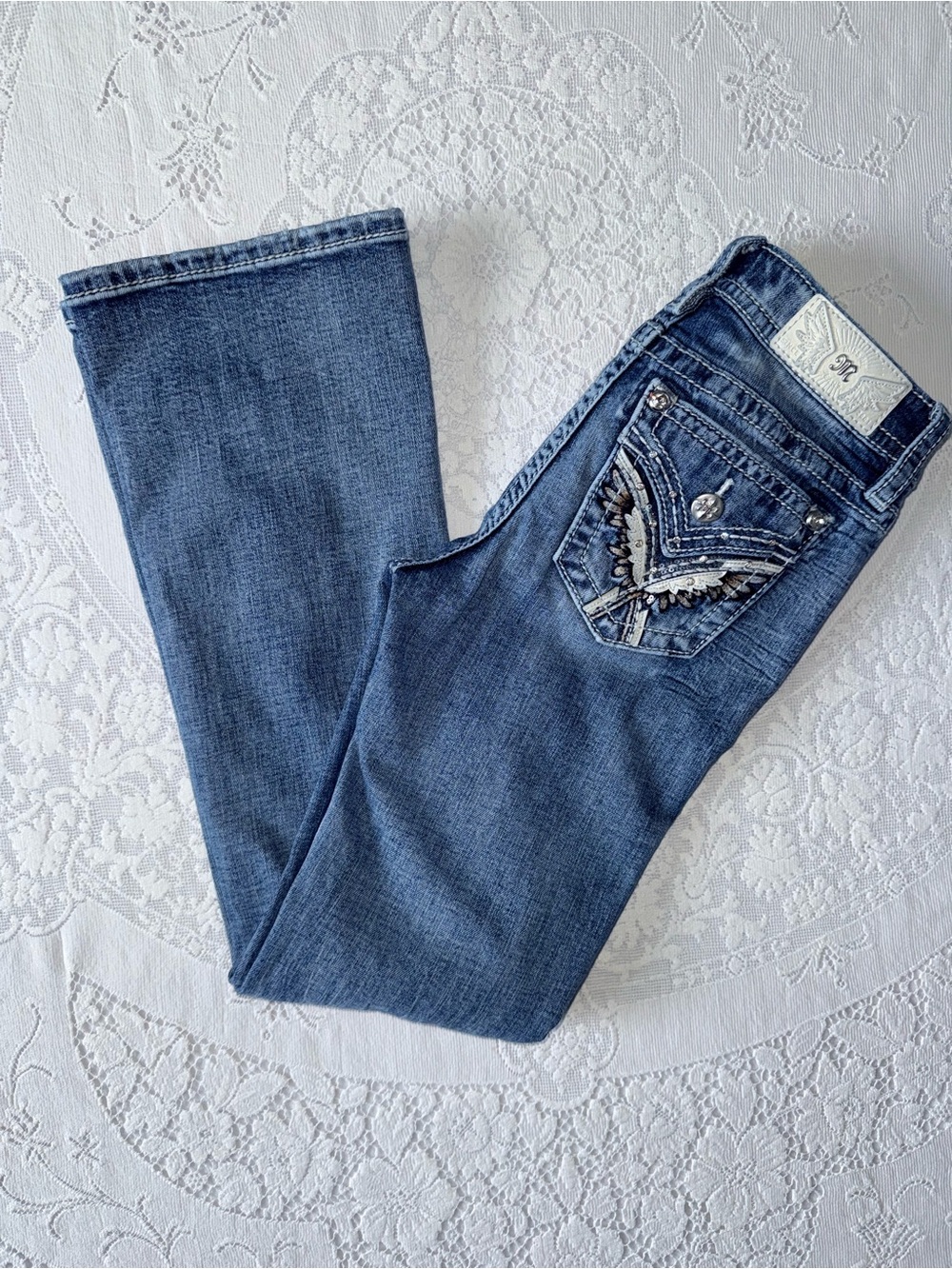 Miss Me Wing Flap Pocket Bootcut Distressed Bling Jeans Sz 26